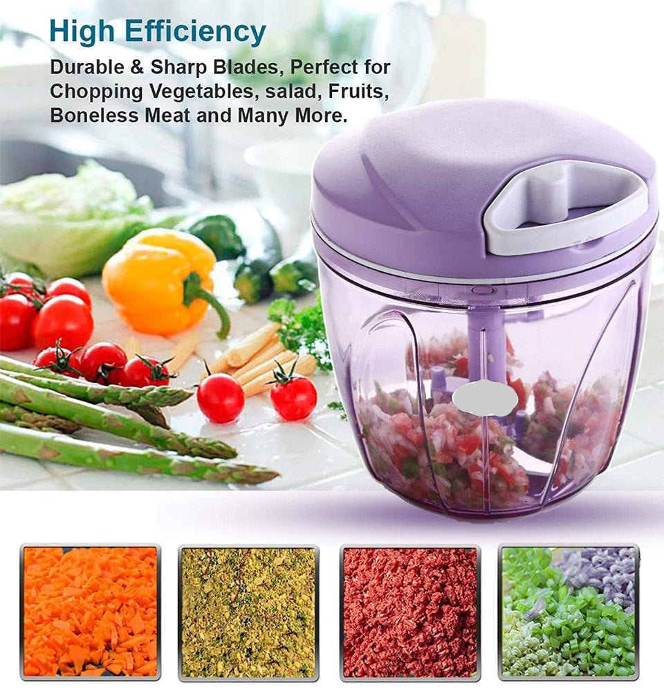 Purple hand chopper with chopped vegetables on a white background