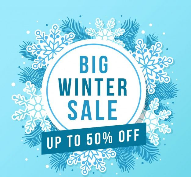 Winter sale promotional graphic with snowflakes on a blue background